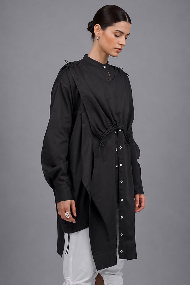 Black Giza Cotton Cuffed Sleeve Shirt by SAIM at Pernia's Pop Up Shop