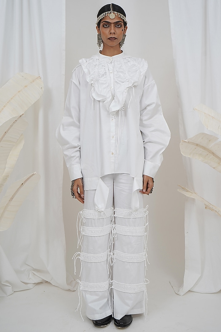 White Giza Cotton Double Hoodie Shirt by SAIM at Pernia's Pop Up Shop