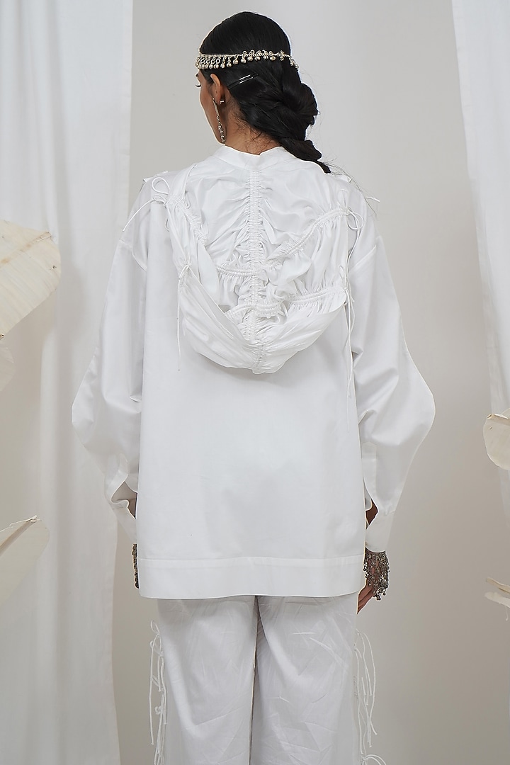 White Giza Cotton Double Hoodie Shirt by SAIM at Pernia's Pop Up Shop