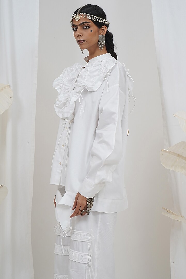 White Giza Cotton Double Hoodie Shirt by SAIM at Pernia's Pop Up Shop
