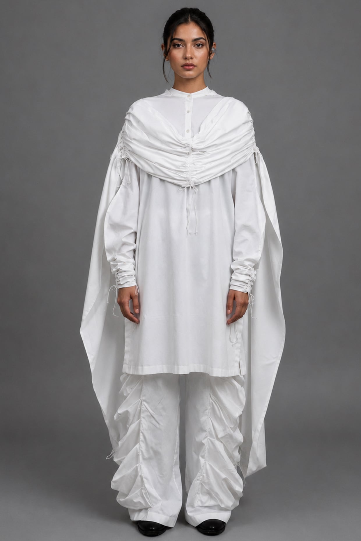SAIM White Giza Cotton Gathered Hoodie Kurta Set