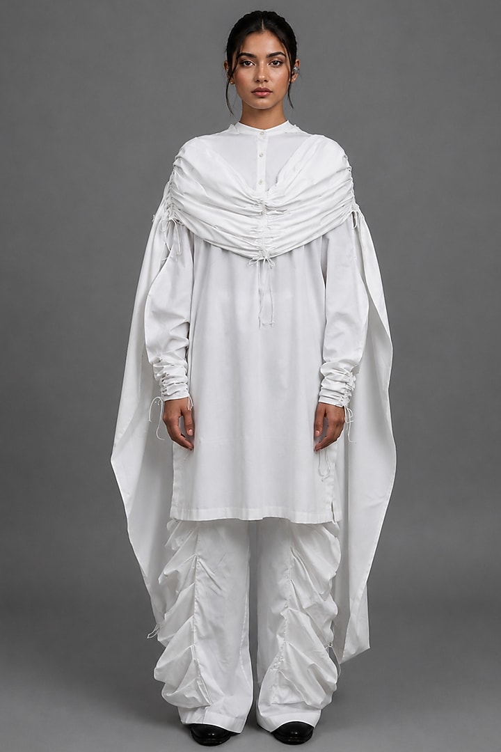 White Giza Cotton Gathered Hoodie Kurta Set by SAIM at Pernia's Pop Up Shop