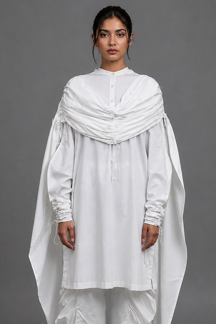 White Giza Cotton Gathered Hoodie Kurta Set by SAIM at Pernia's Pop Up Shop