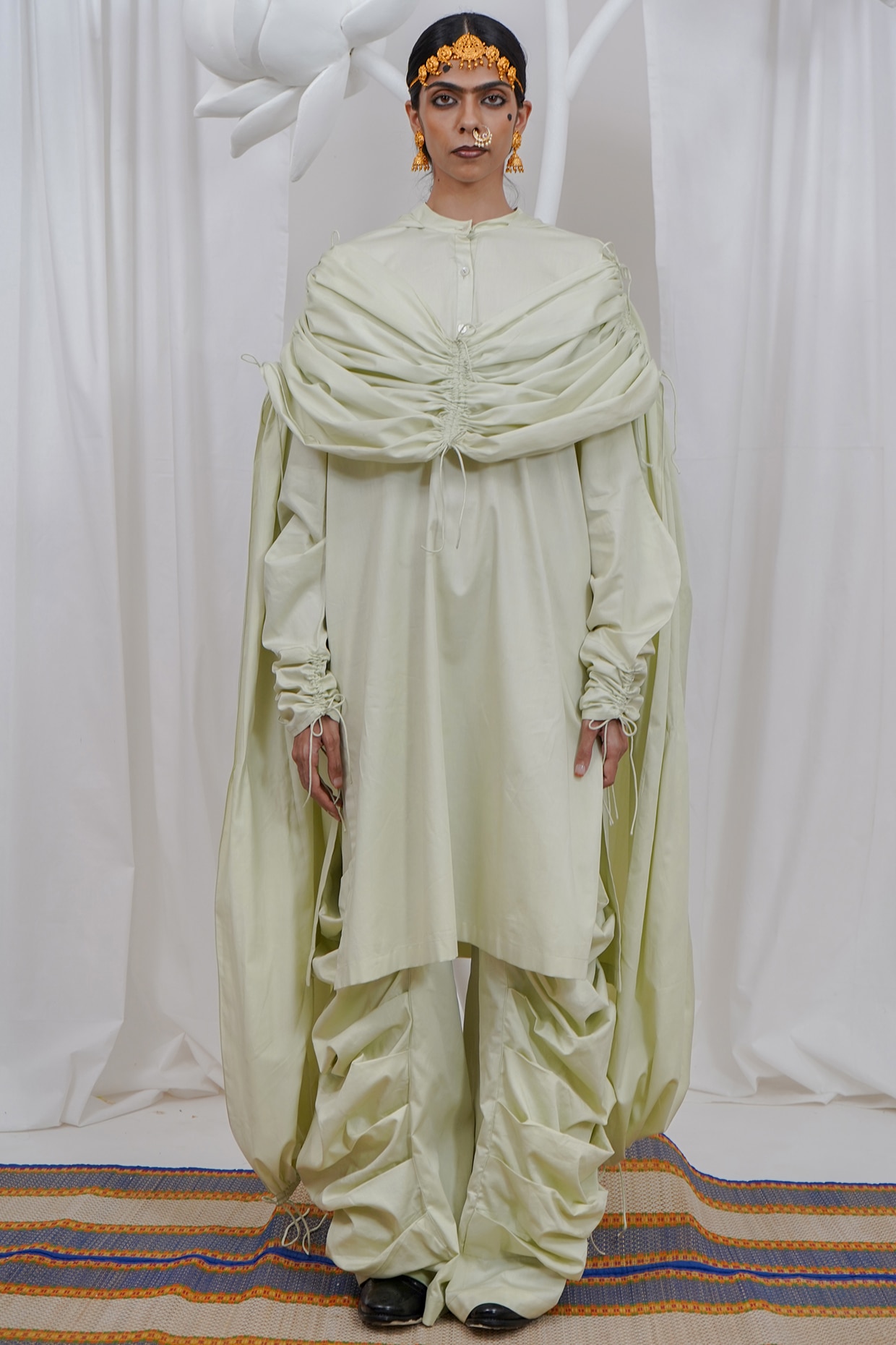 SAIM Mint Giza Cotton Gathered Hoodie Kurta Set