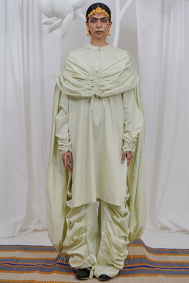 Mint Giza Cotton Gathered Hoodie Kurta Set by SAIM at Pernia's Pop Up Shop