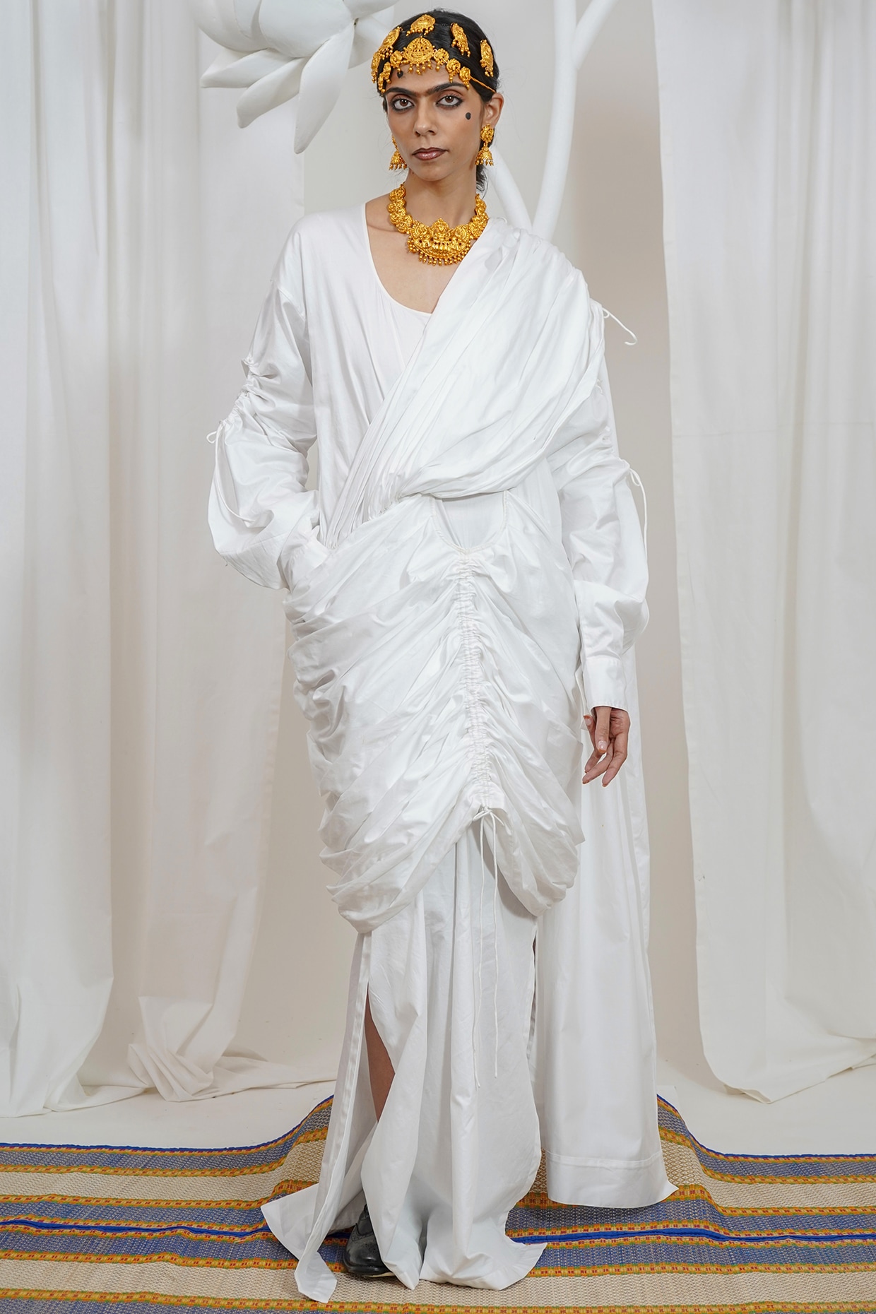 SAIM White Giza Cotton Draped Saree Style Maxi Dress