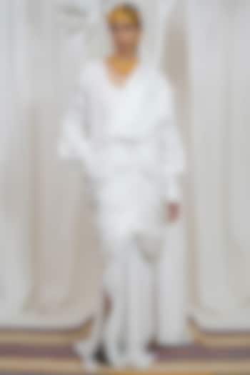 White Giza Cotton Draped Saree Style Maxi Vacation Dress by SAIM at Pernia's Pop Up Shop