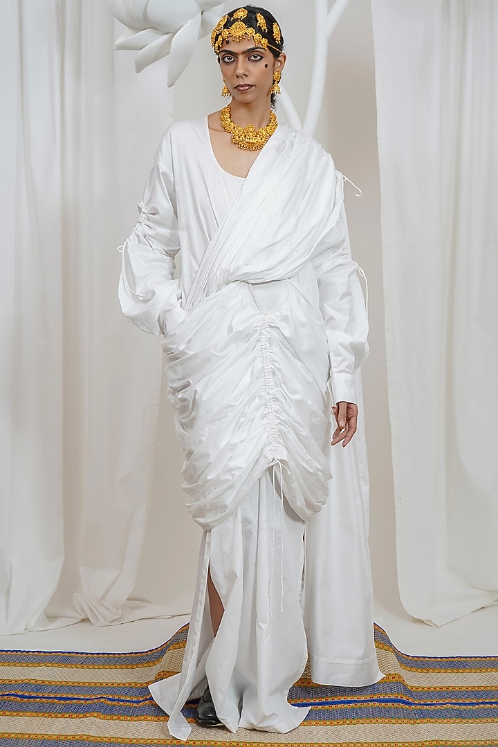White Giza Cotton Draped Saree Style Maxi Vacation Dress by SAIM at Pernia's Pop Up Shop