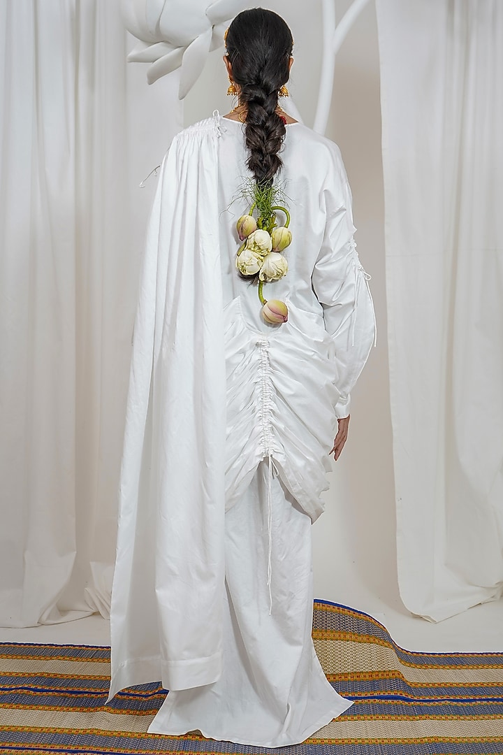White Giza Cotton Draped Saree Style Maxi Vacation Dress by SAIM at Pernia's Pop Up Shop