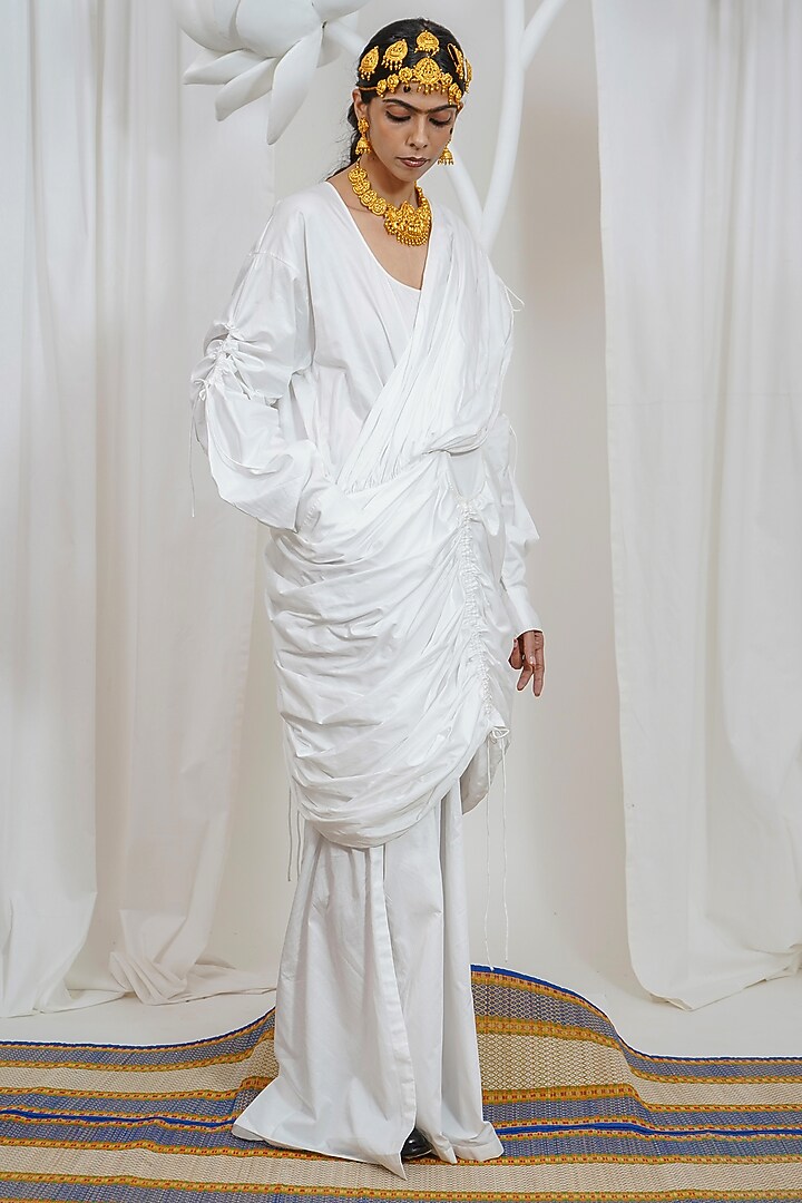 White Giza Cotton Draped Saree Style Maxi Vacation Dress by SAIM at Pernia's Pop Up Shop