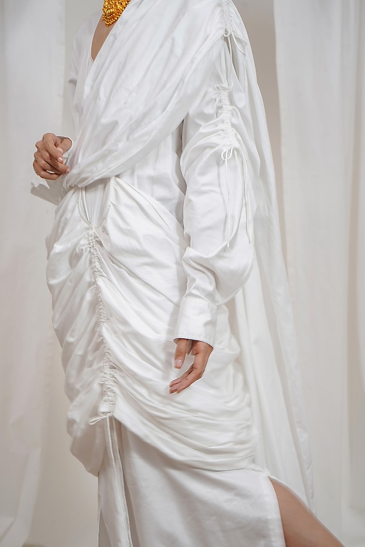 White Giza Cotton Draped Saree Style Maxi Vacation Dress by SAIM at Pernia's Pop Up Shop