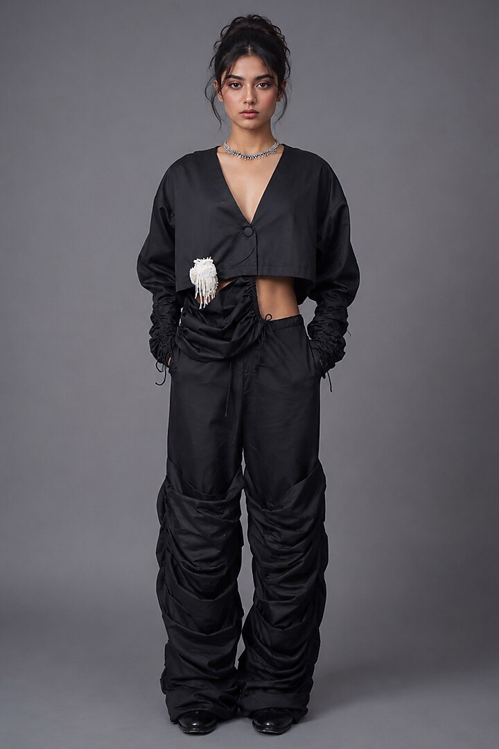 Black Giza Cotton Crop Jacket Set by SAIM at Pernia's Pop Up Shop