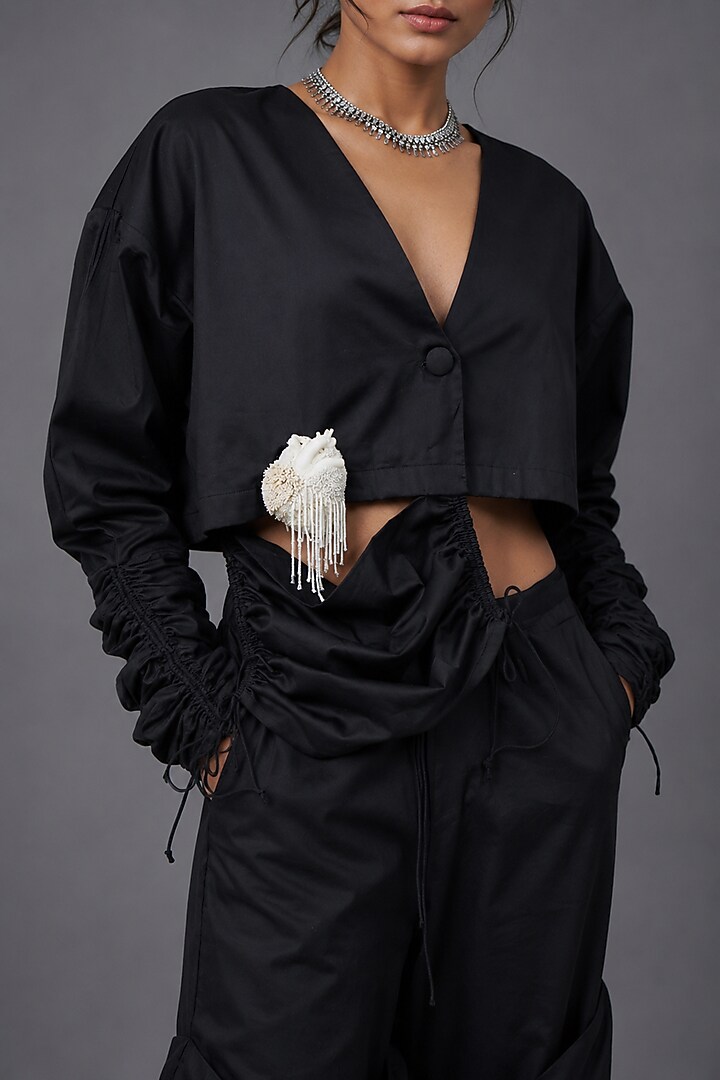 Black Giza Cotton Crop Jacket Set by SAIM at Pernia's Pop Up Shop