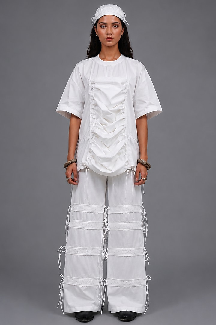 White Giza Cotton Gathered T-Shirt by SAIM at Pernia's Pop Up Shop