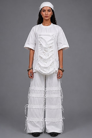 White Giza Cotton Gathered T-Shirt by SAIM