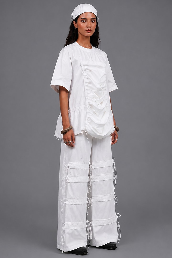 White Giza Cotton Gathered T-Shirt by SAIM at Pernia's Pop Up Shop