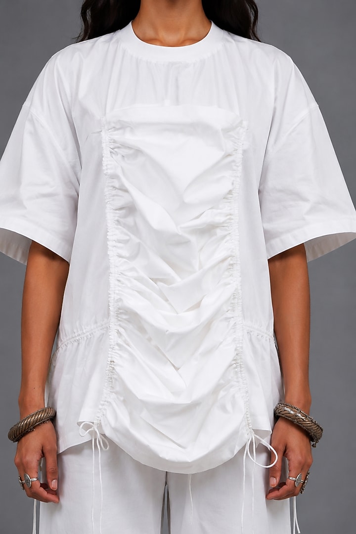 White Giza Cotton Gathered T-Shirt by SAIM at Pernia's Pop Up Shop
