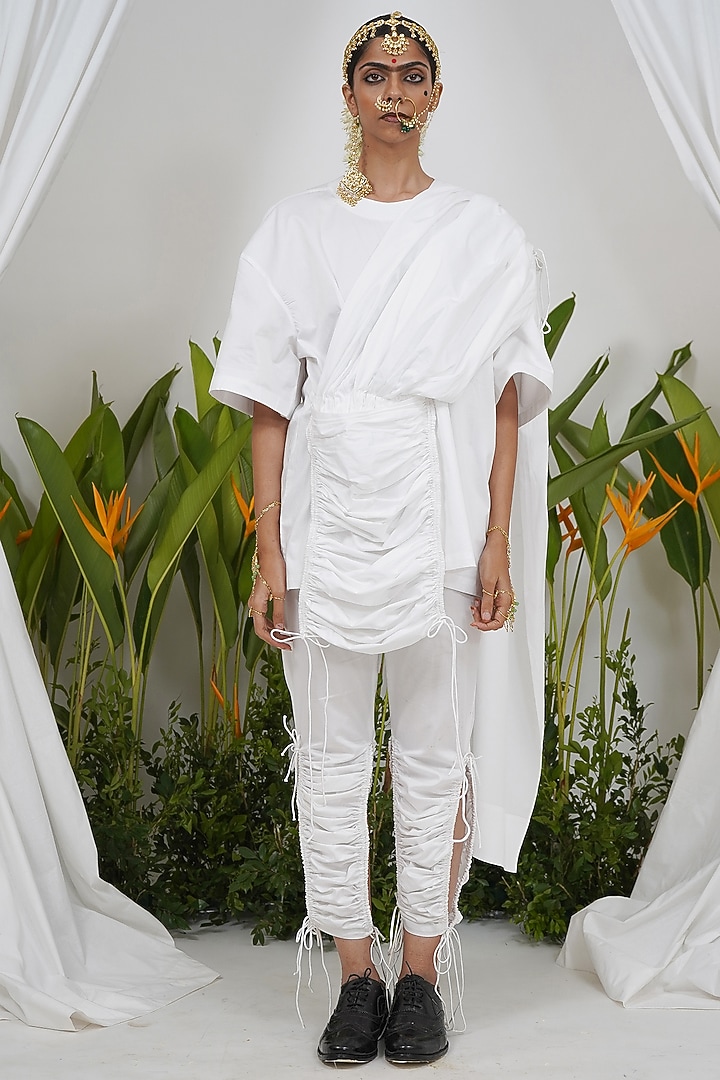 White Giza Cotton Draped Style T-Shirt by SAIM at Pernia's Pop Up Shop