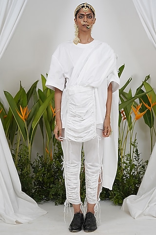 White Giza Cotton Draped Style T-Shirt by SAIM