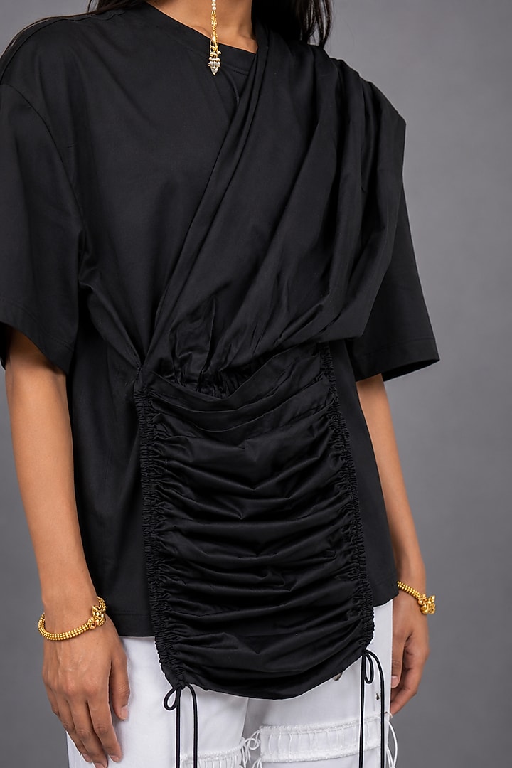 Black Giza Cotton Draped Style T-Shirt by SAIM at Pernia's Pop Up Shop