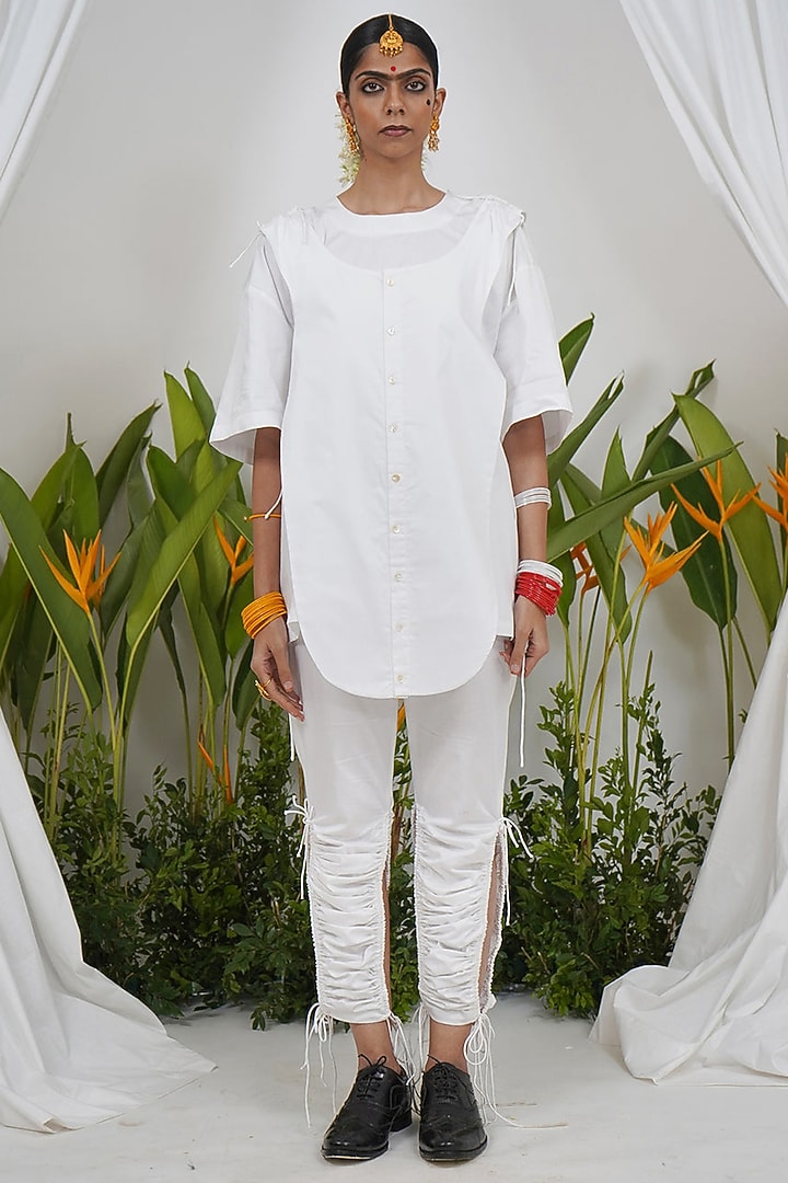 White Giza Cotton Kurta Style T-Shirt by SAIM at Pernia's Pop Up Shop