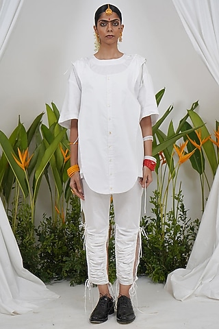 White Giza Cotton Kurta Style T-Shirt by SAIM
