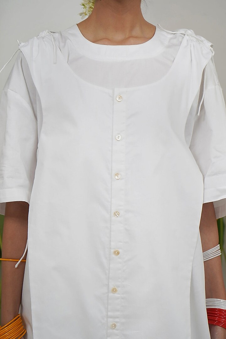 White Giza Cotton Kurta Style T-Shirt by SAIM at Pernia's Pop Up Shop