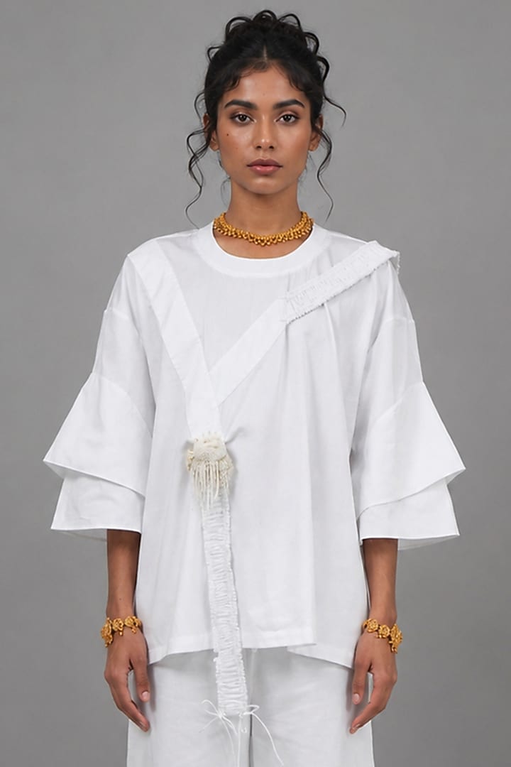 White Giza Cotton Cross Strapped T-Shirt by SAIM at Pernia's Pop Up Shop