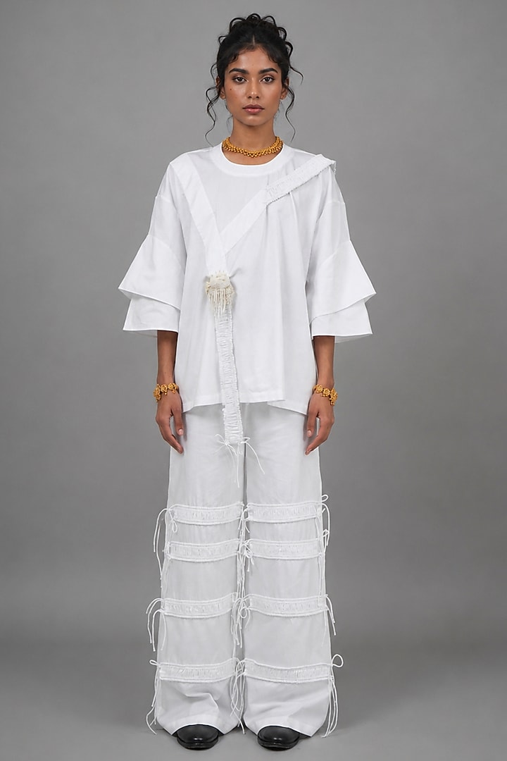 White Giza Cotton Cross Strapped T-Shirt by SAIM at Pernia's Pop Up Shop