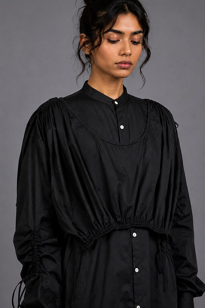 Black Giza Cotton Gathered Shirt by SAIM at Pernia's Pop Up Shop
