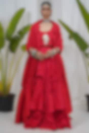 Red Giza Cotton Umbrella Skirt Set by SAIM at Pernia's Pop Up Shop