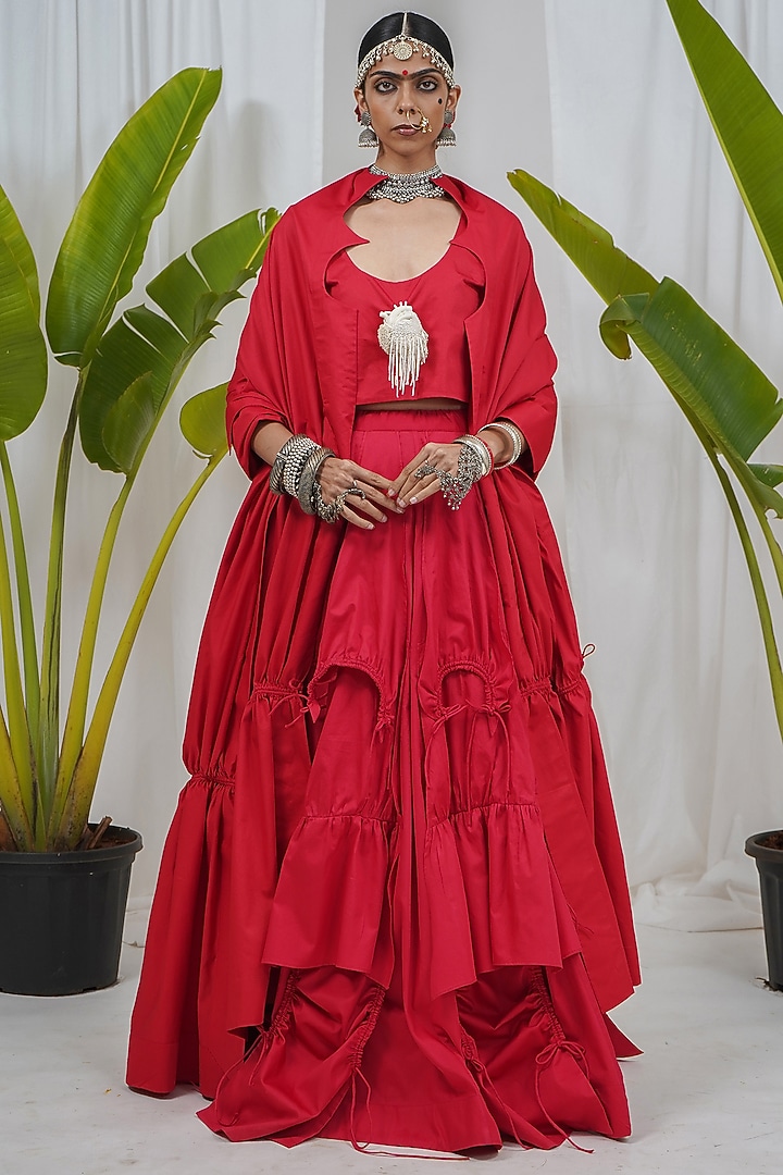 Red Giza Cotton Umbrella Skirt Set by SAIM at Pernia's Pop Up Shop