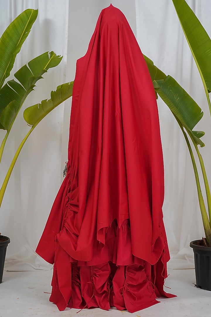 Red Giza Cotton Umbrella Skirt Set by SAIM at Pernia's Pop Up Shop