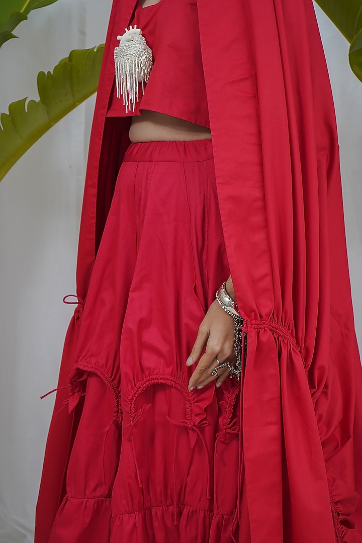 Red Giza Cotton Umbrella Skirt Set by SAIM at Pernia's Pop Up Shop