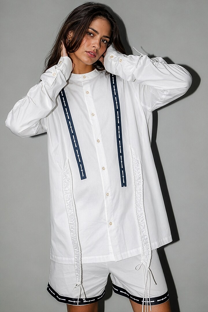 White Giza Cotton Gathered Shirt by SAIM at Pernia's Pop Up Shop
