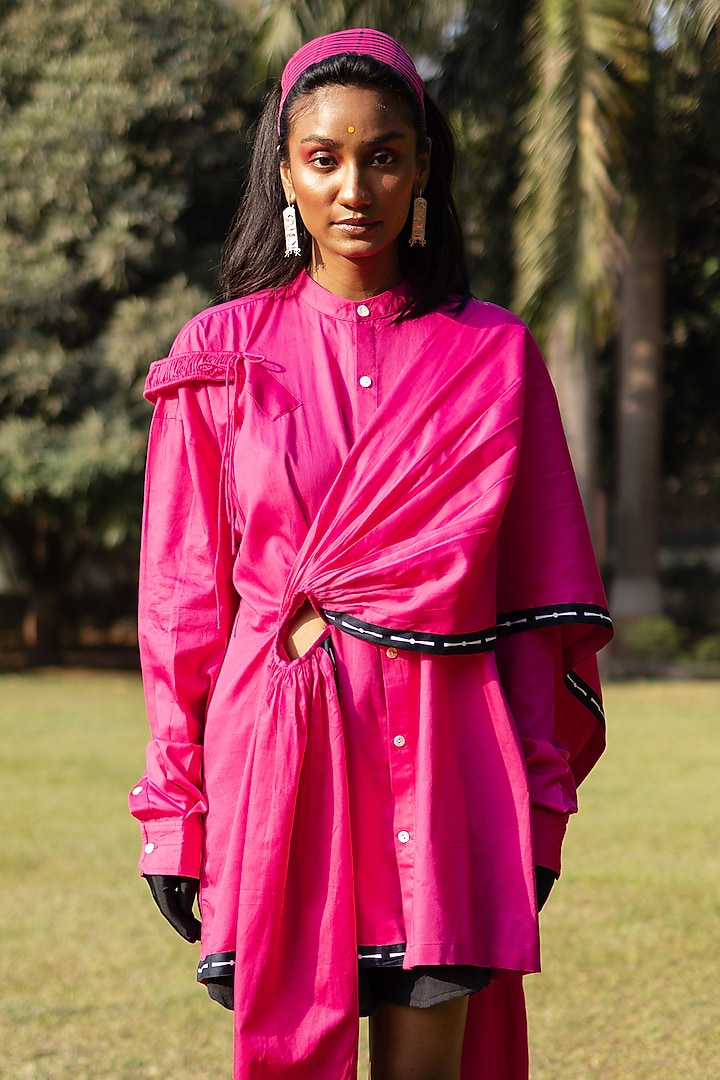 Fuchsia Giza Cotton Draped Shirt by SAIM at Pernia's Pop Up Shop