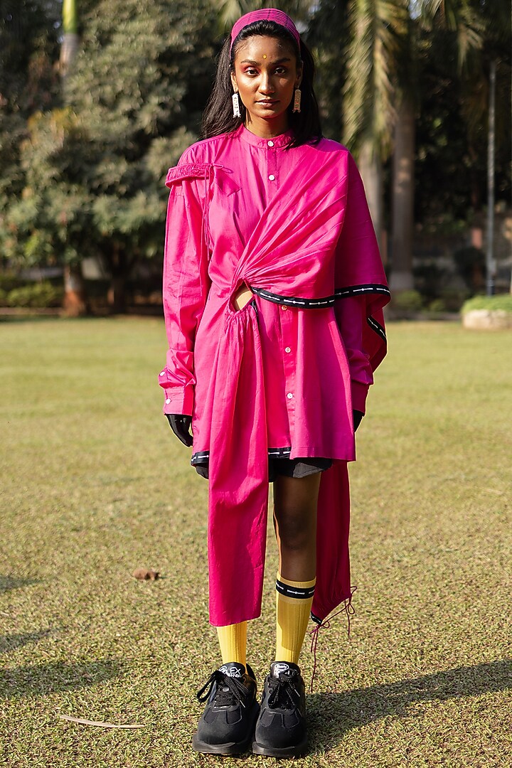 Fuchsia Giza Cotton Draped Shirt by SAIM at Pernia's Pop Up Shop