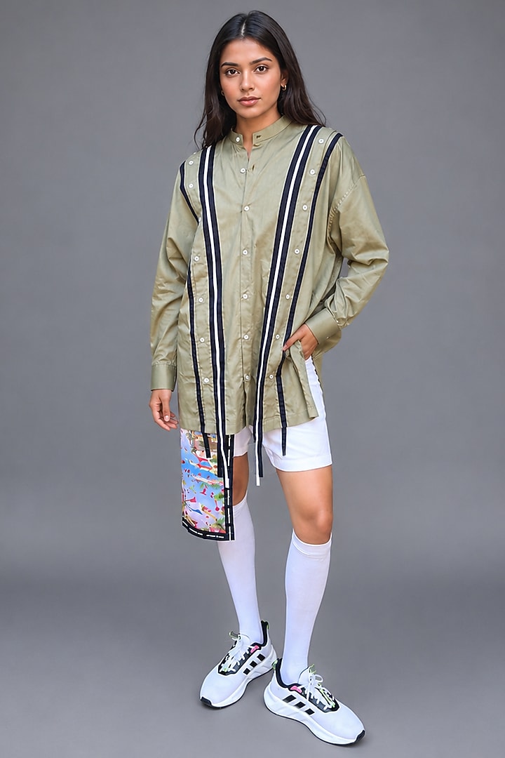 Khaki Green Giza Cotton Deconstructed Shirt by SAIM at Pernia's Pop Up Shop