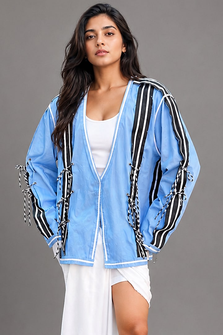 Sky Blue Giza Cotton Deconstructed Jacket by SAIM at Pernia's Pop Up Shop