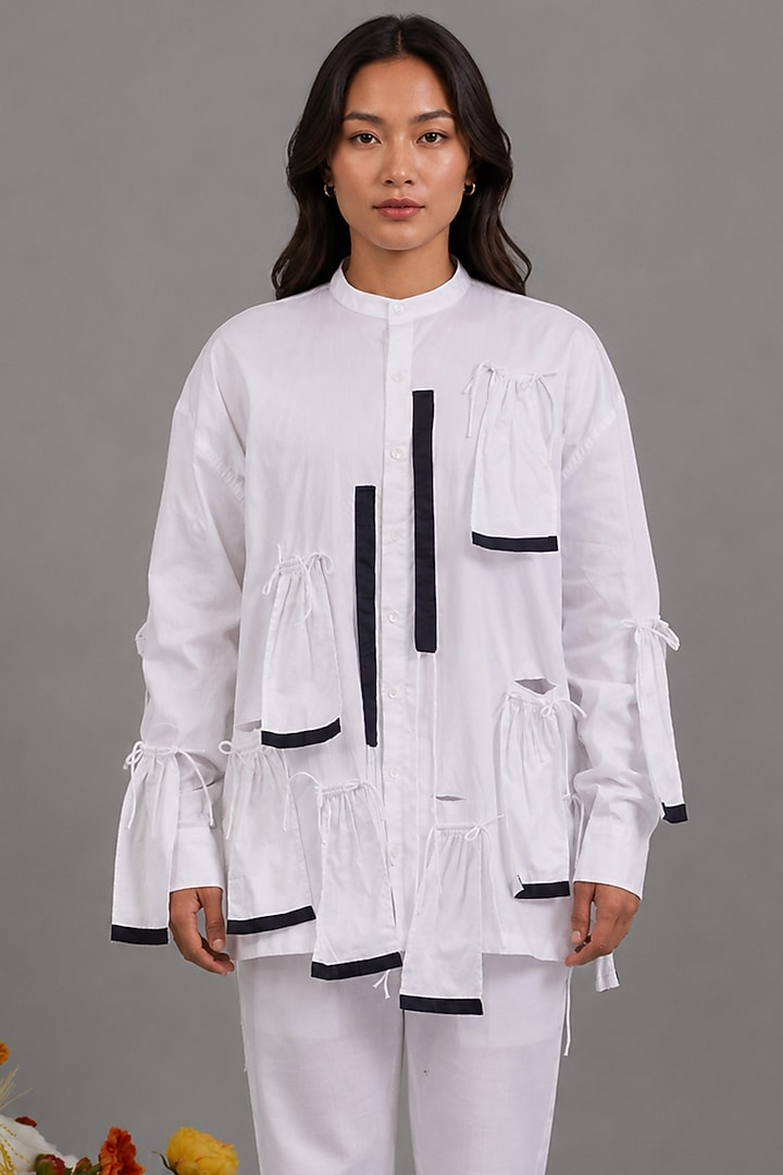 White Giza Cotton Ruffle Detail Shirt by SAIM at Pernia's Pop Up Shop