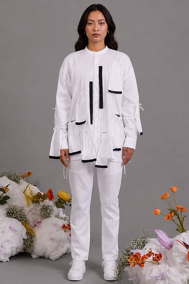 White Giza Cotton Ruffle Detail Shirt by SAIM at Pernia's Pop Up Shop