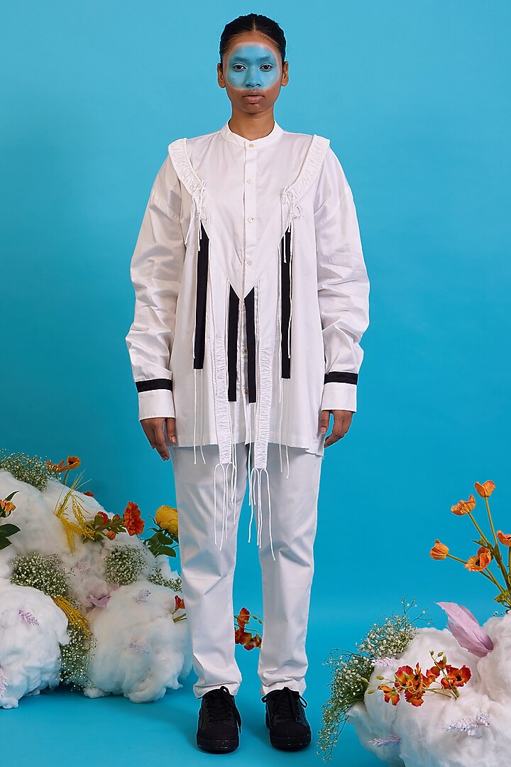 White Giza Cotton Gathered Fringe Shirt by SAIM at Pernia's Pop Up Shop