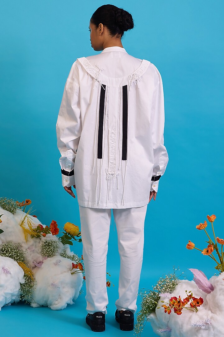 White Giza Cotton Gathered Fringe Shirt by SAIM at Pernia's Pop Up Shop