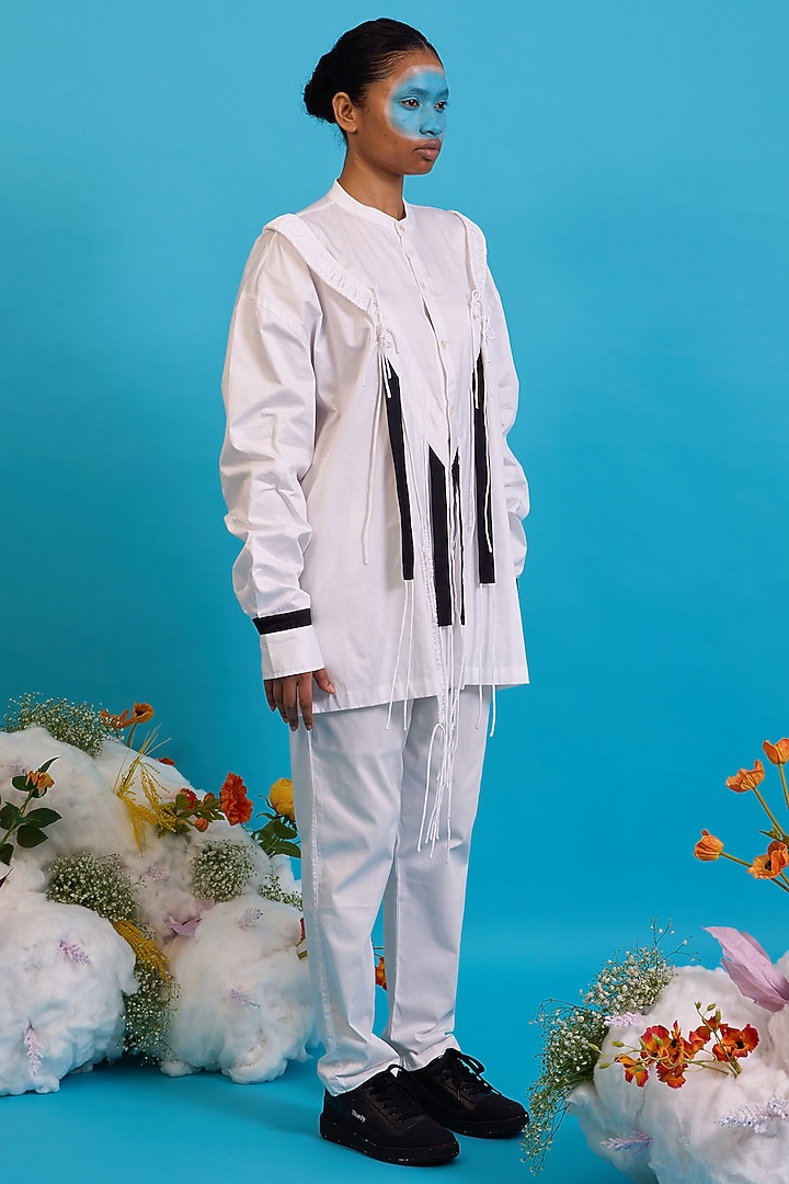 White Giza Cotton Gathered Fringe Shirt by SAIM at Pernia's Pop Up Shop