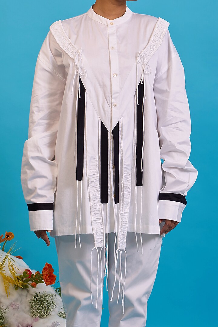 White Giza Cotton Gathered Fringe Shirt by SAIM at Pernia's Pop Up Shop