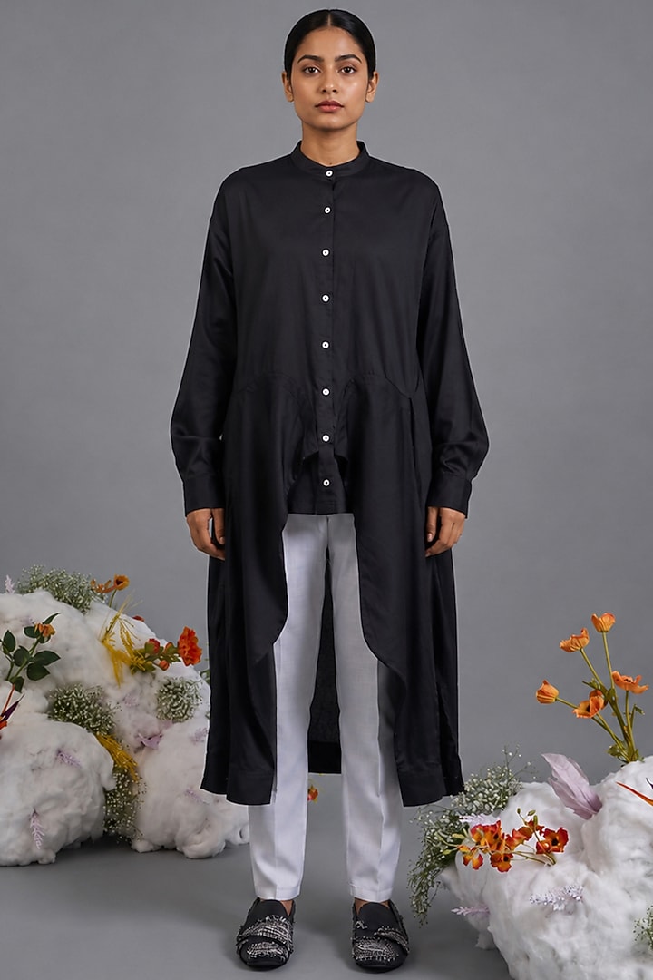 Black Giza Cotton Deconstructed Shirt by SAIM at Pernia's Pop Up Shop