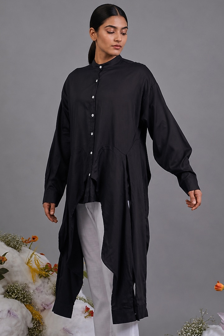 Black Giza Cotton Deconstructed Shirt by SAIM at Pernia's Pop Up Shop
