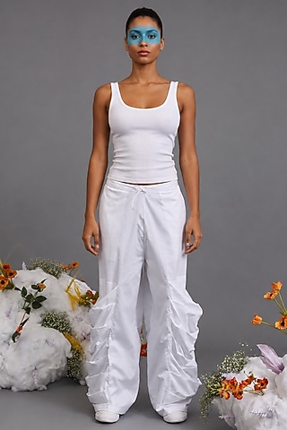 White Giza Cotton Oversized Pocket Trouser by SAIM