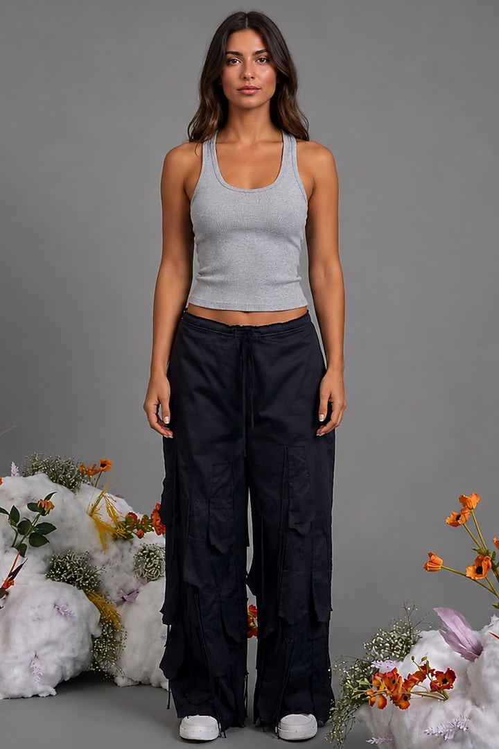 Black Giza Cotton Fringed Trouser by SAIM at Pernia's Pop Up Shop
