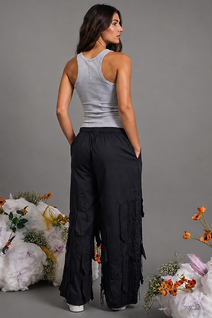 Black Giza Cotton Fringed Trouser by SAIM at Pernia's Pop Up Shop